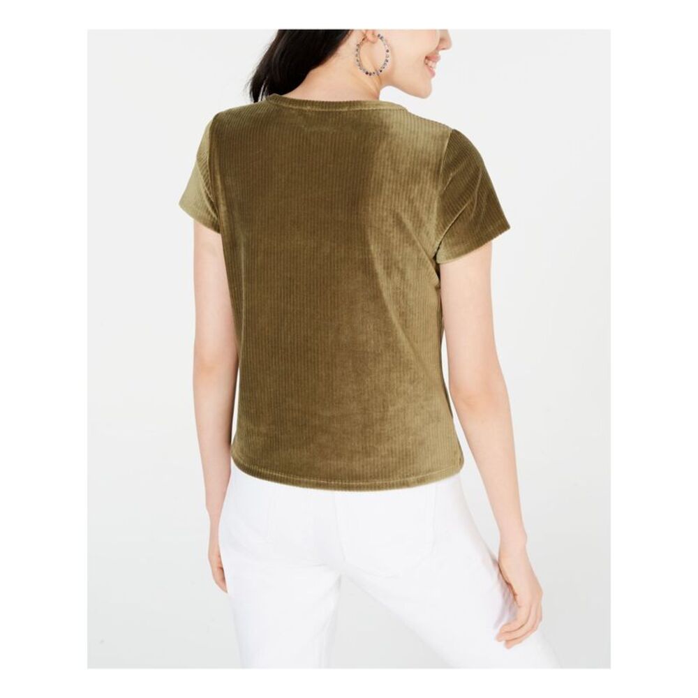 CRAVE FAME Womens Green Corduroy Unlined Short Sleeve Scoop Neck Top L - Picture 2 of 2